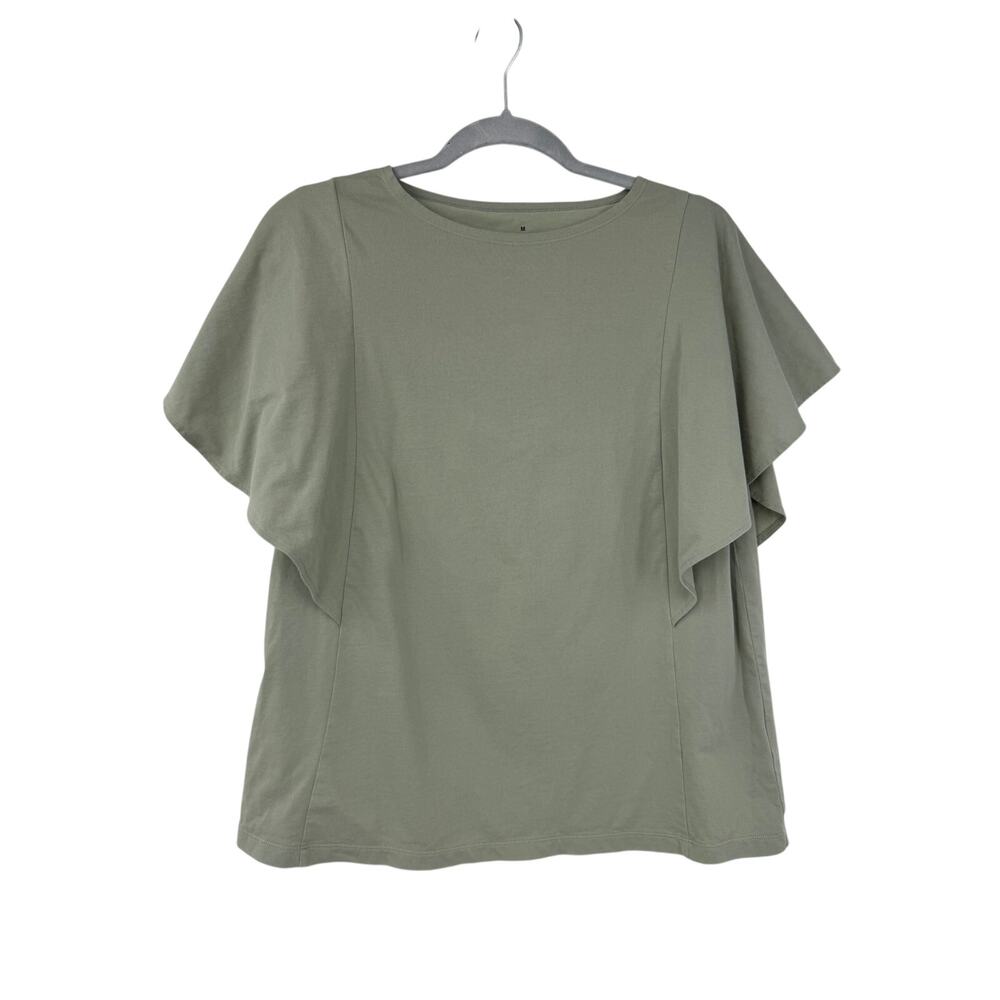 MUJI Womens Cotton T-Shirt Size M Sage Green Flounce Sleeve Minimalist Casual